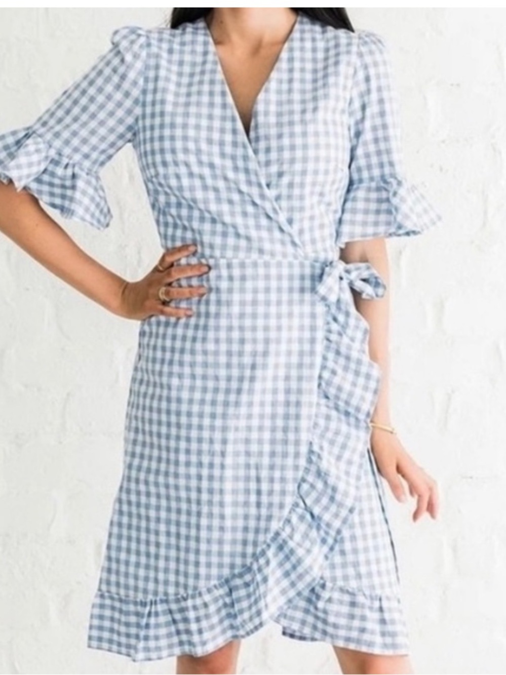 Storia Blue Gingham Wrap Ruffled Knee Length Dress Women's Size Small Dorothy